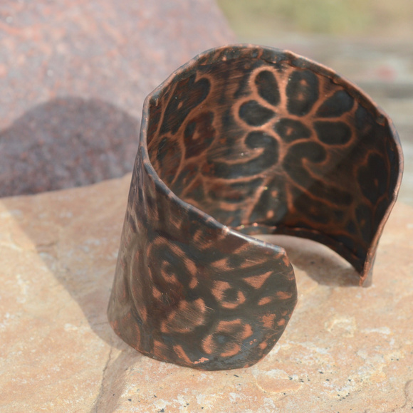 Batik Floral Wide Cuff Copper Bracelet Handmade - Picture 7 of 8